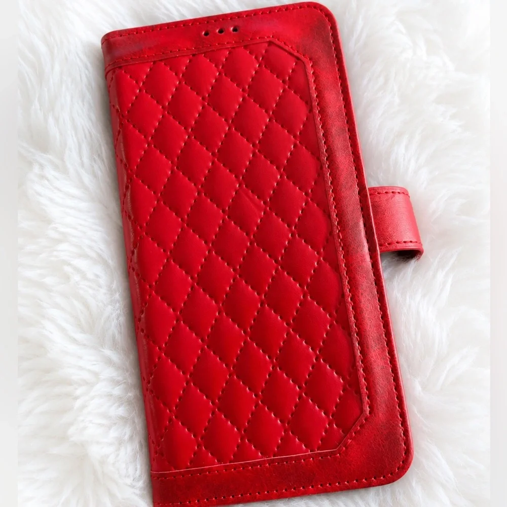 Red Quilted Wallet Phone Case Folio Cover Card Holder Magnetic Closure